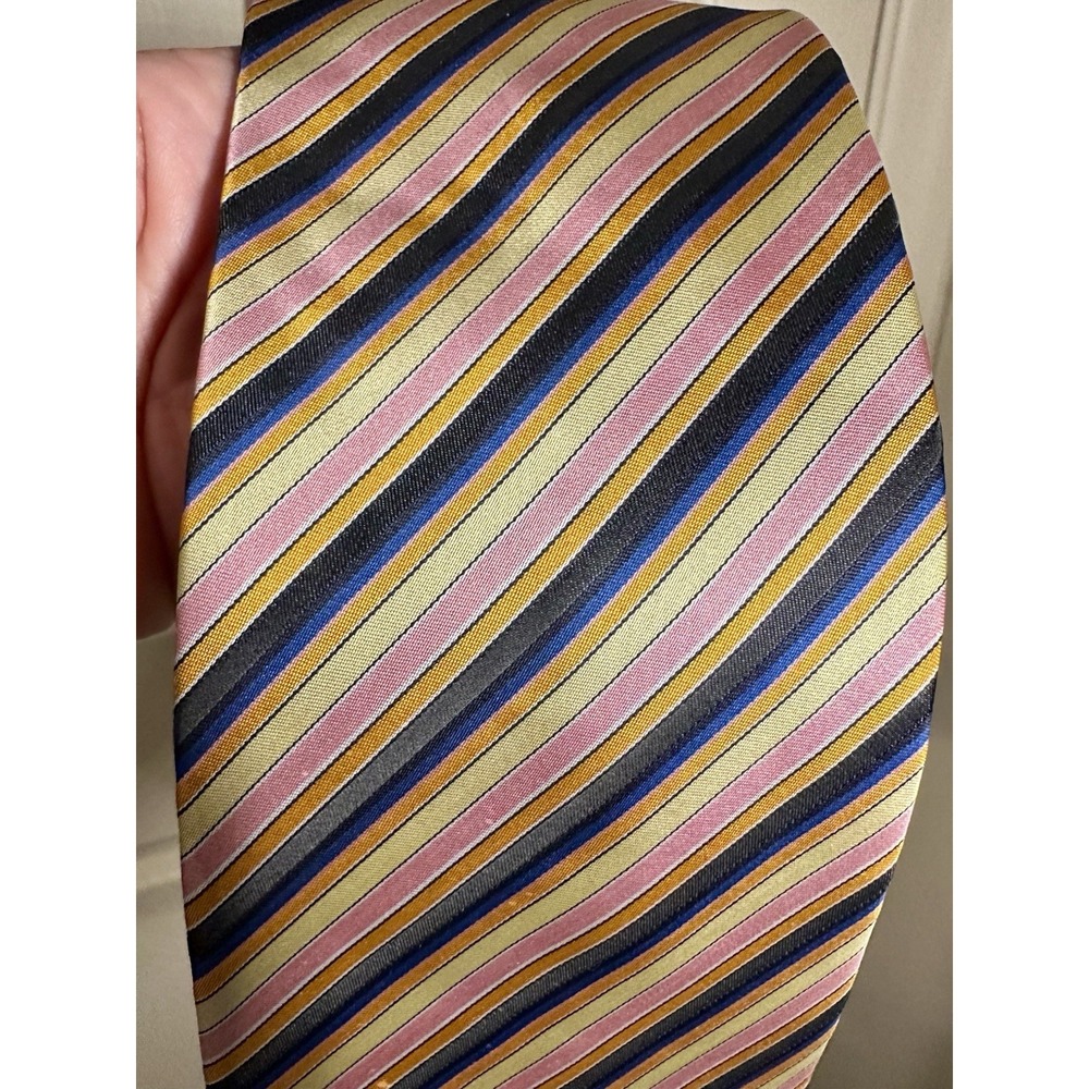 Borrelli Mens Gold/Pink/Blue/Yellow/Black/Gray Striped Hand Stitched Dress Tie